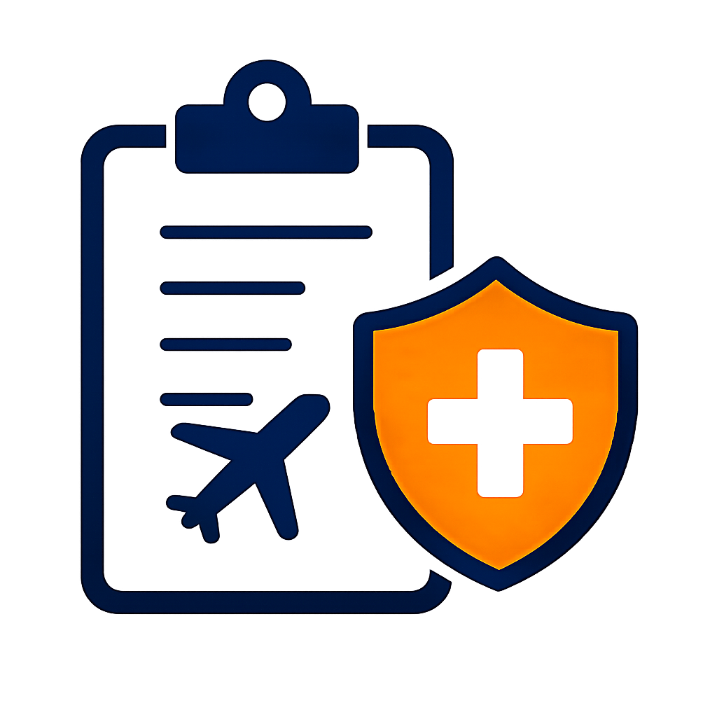 Travel insurance illustration with clipboard and medical shield